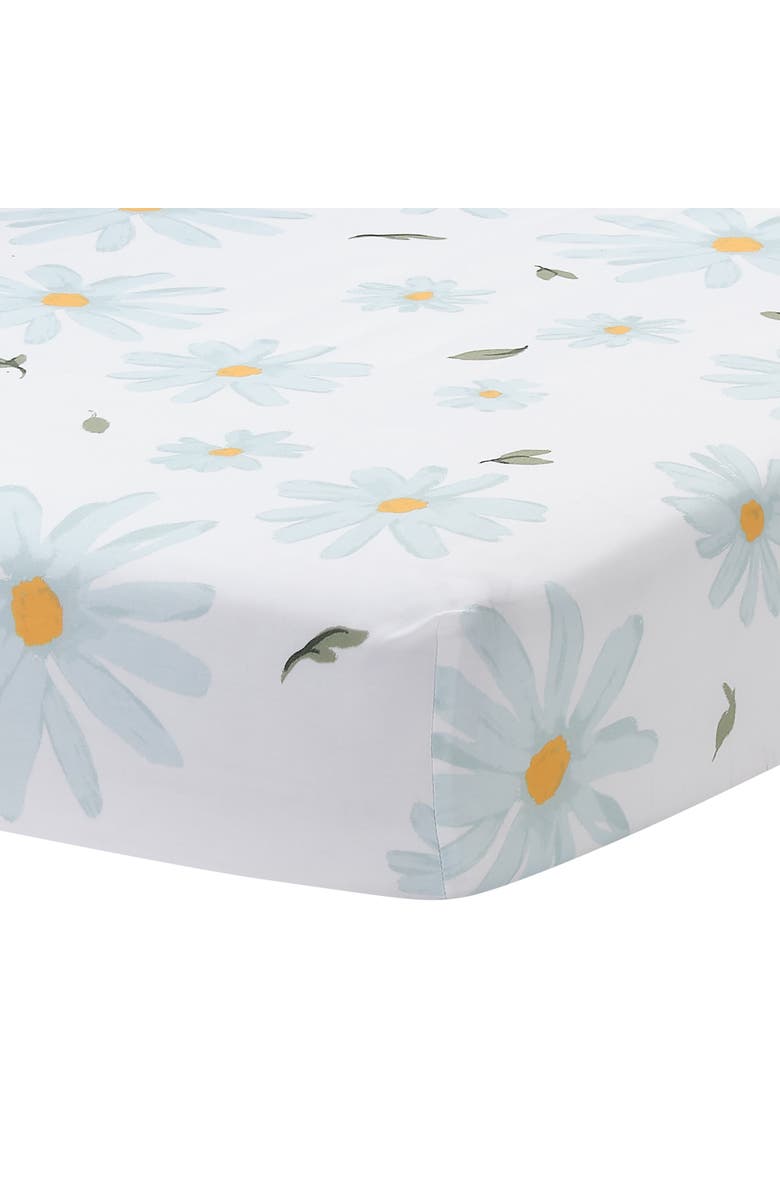 Lambs & Ivy Sweet Daisy 100% Cotton Floral Baby Fitted Crib Sheet, Main, color, White/ Blue