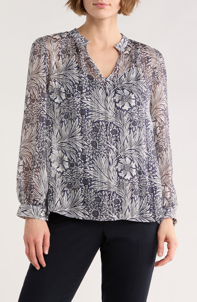 ELIE ELIE TAHARI Floral Long Sleeve Chiffon Top, Main, color, Navy/ White Shrubbery Print