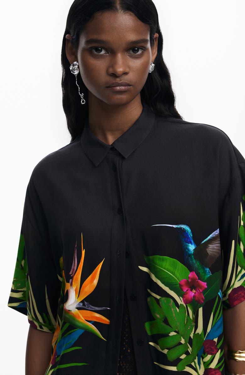 Desigual Floral Short Sleeve Cover-Up Shirt, Alternate, color, Black
