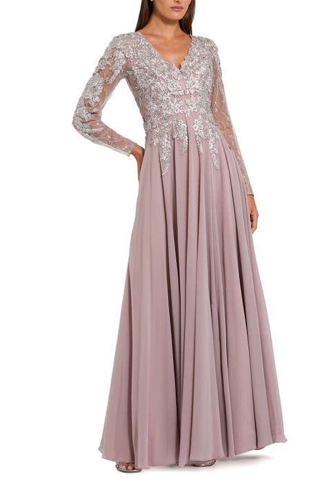 Women's Floral Embroidered Illusion V-neck A-line Gown