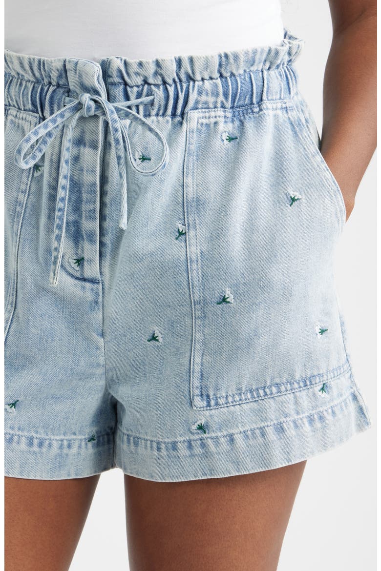 Foster Floral Embroidered Paperbag Denim Shorts, Alternate, color, IVORY CARNATIONS