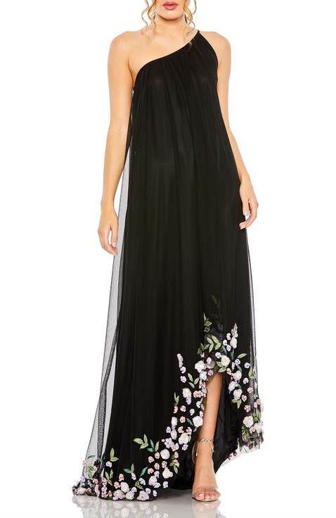 Mac Duggal 新作スカート刺繍レース入りHi Low Aラインドレス 黒 Mac Duggal 新作スカート刺繍レース入りHi Low Aラインドレス 紫