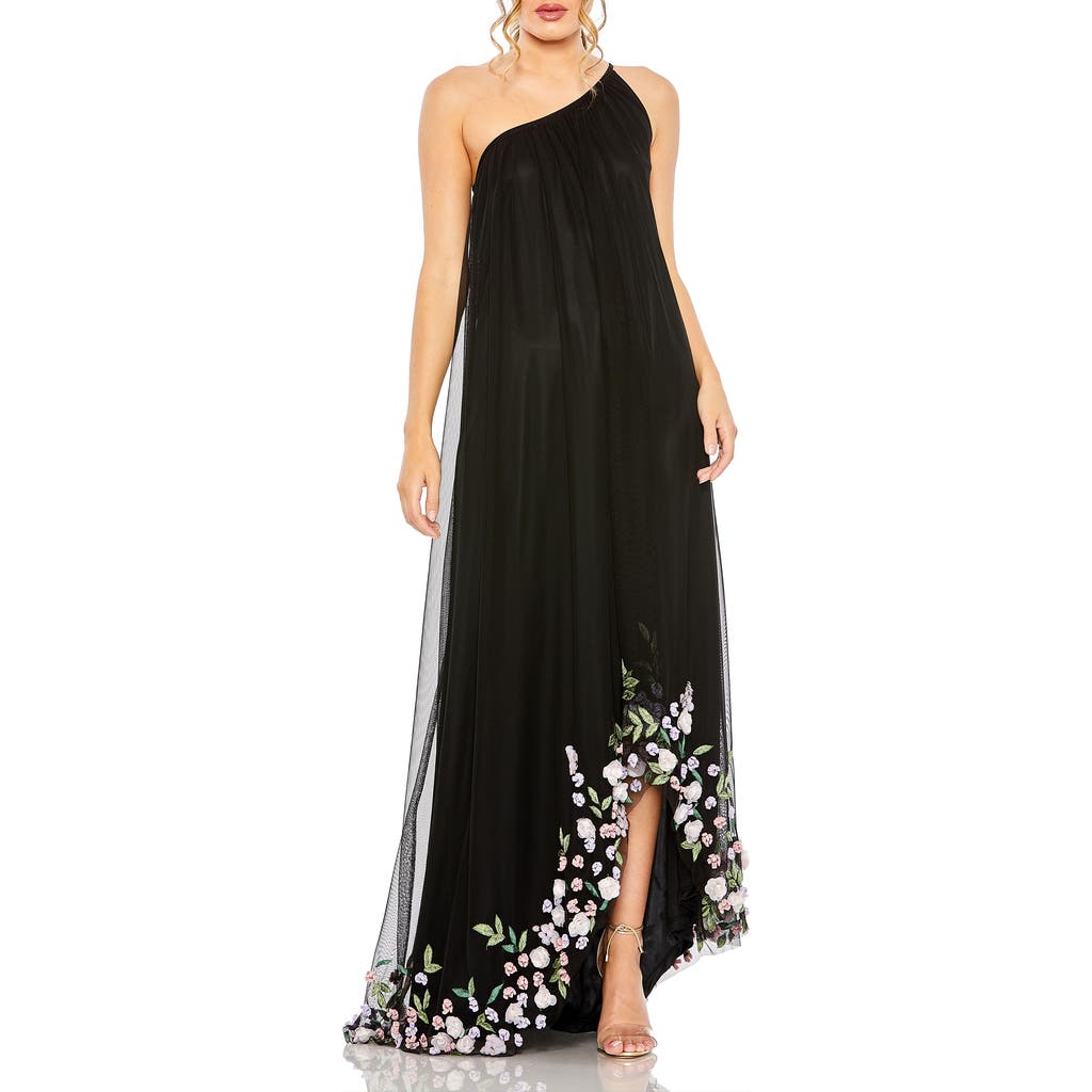 Mac Duggal One Shoulder Trapeze Embellished High Low Gown In Black
