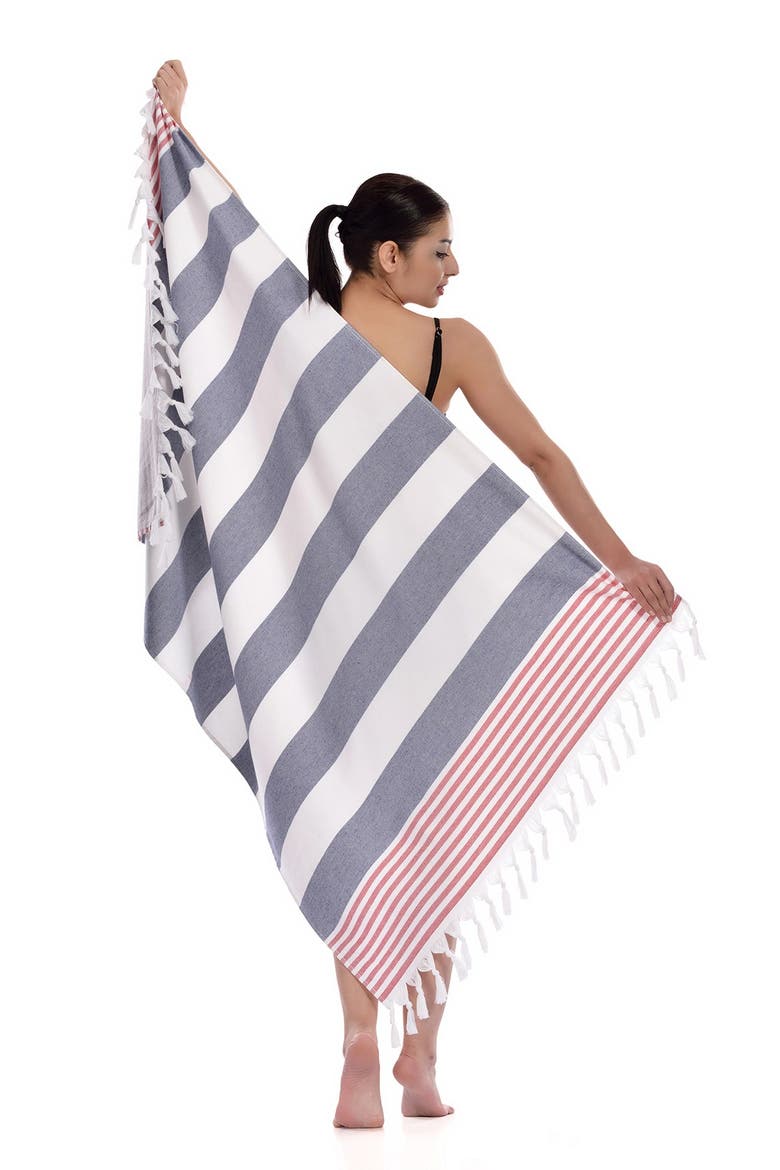 100% Turkish Cotton Patriotic Pestemal Beach Towel - Ocean Blue, Alternate, color, OCEAN BLUE