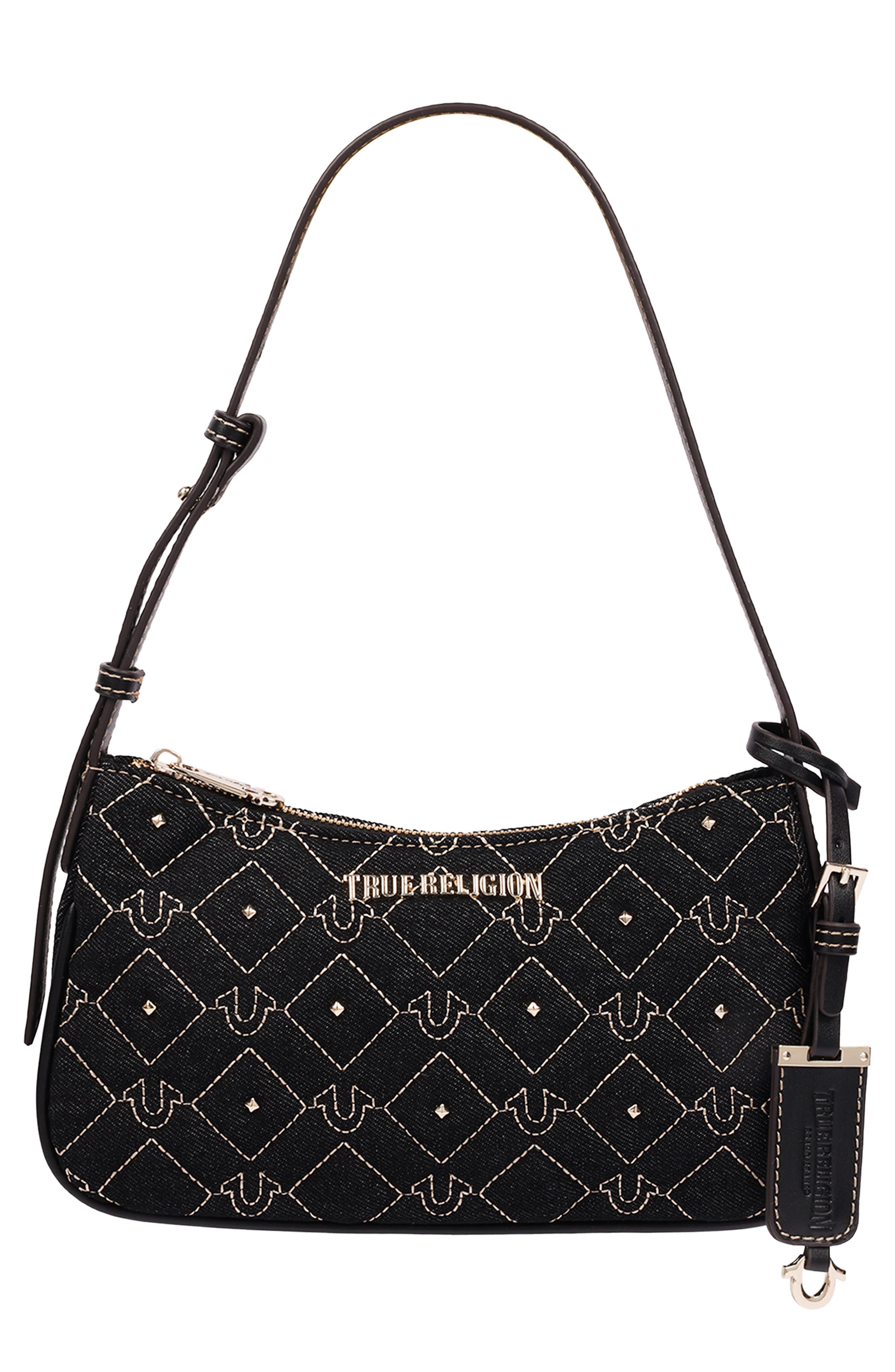 Studded Denim Shoulder Bag, Main, color, BLACK