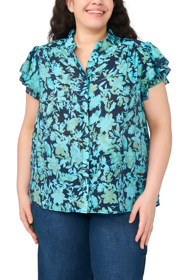 Floral Flutter Sleeve Placket Button-Up Shirt, Main, color, CLASSIC NAVY