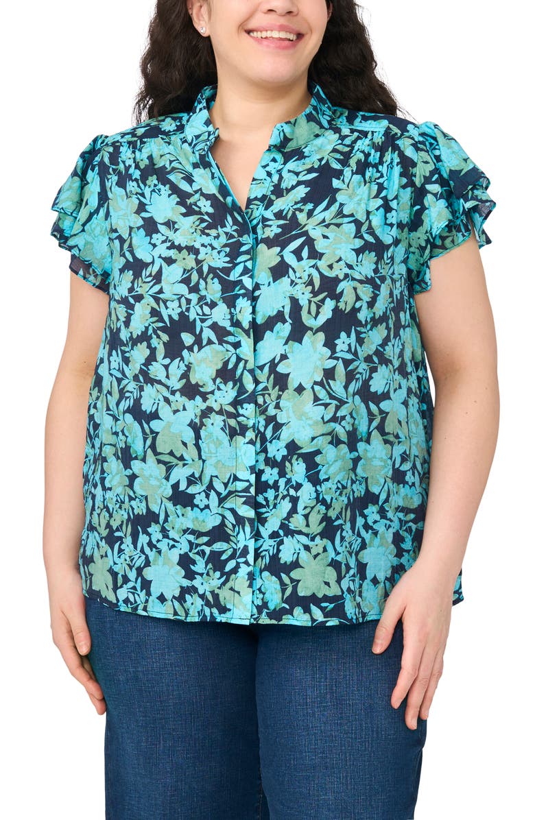 CeCe Floral Flutter Sleeve Placket Button-Up Shirt, Main, color, Classic Navy