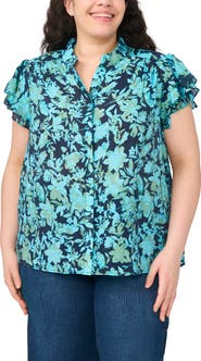 CeCe Floral Flutter Sleeve Placket Button-Up Shirt