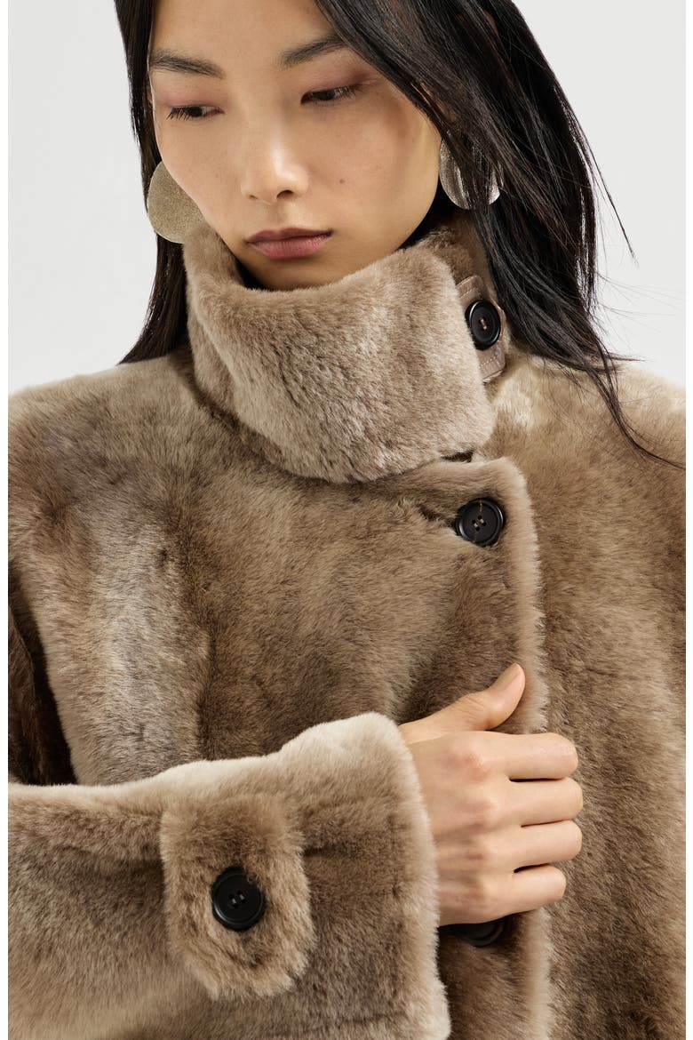 Shearling coat with belt and monili, Alternate, color, Light Brown