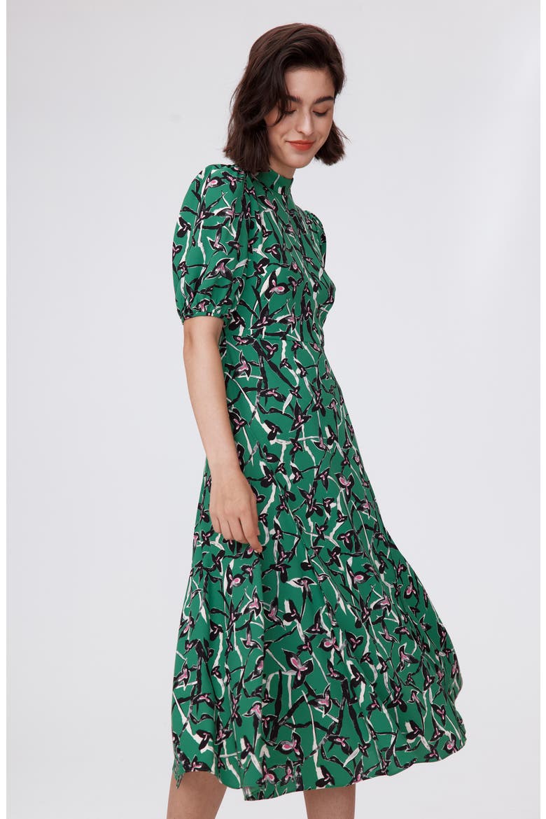 Nella Printed Mock Neck Midi Dress, Alternate, color, CLOVER TWIGS GREEN