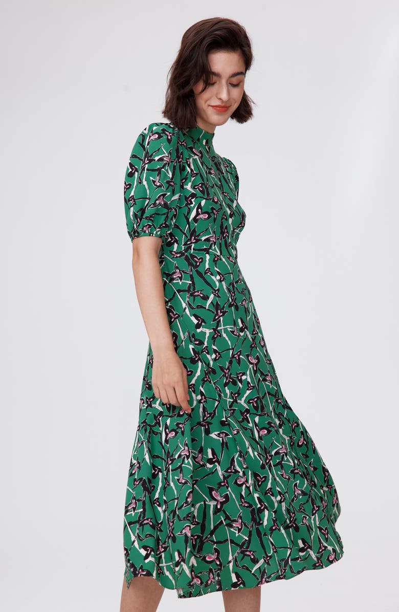 DVF Nella Printed Mock Neck Midi Dress, Alternate, color, Clover Twigs Green
