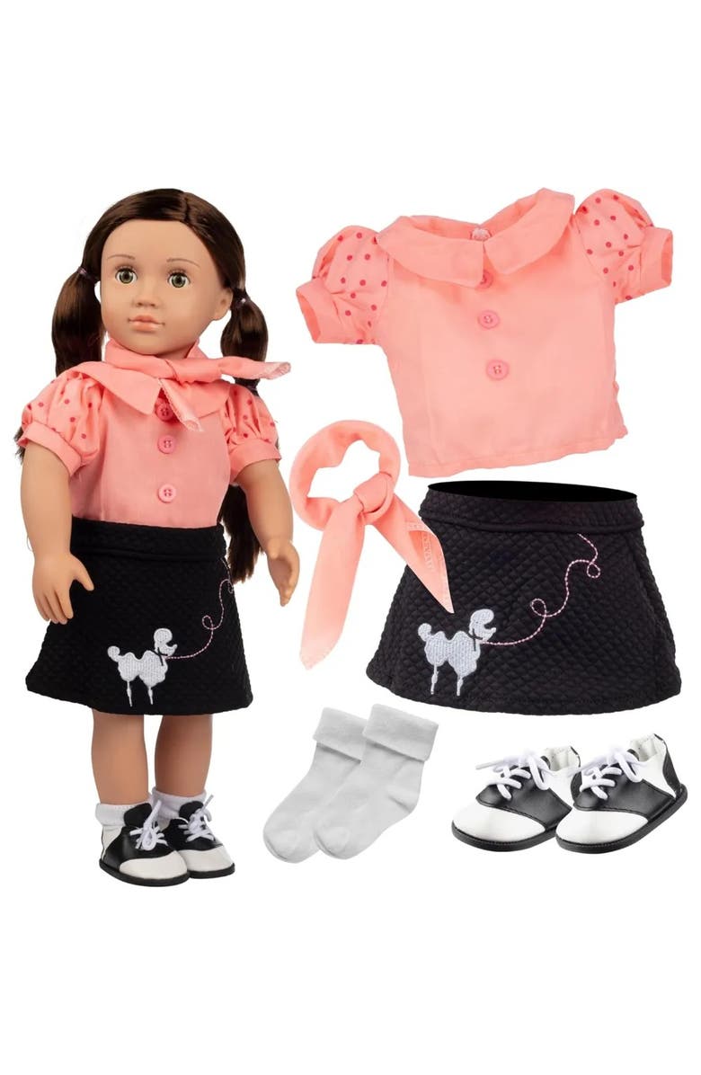 Dress Along Dolly Poodle Skirt Doll Outfit for American 18" Girl Dolls (5 Piece Set)- 1950's Costume Clothes Include Scarf, Skirt, Shirt, Socks, Shoes, Main, color, Pink