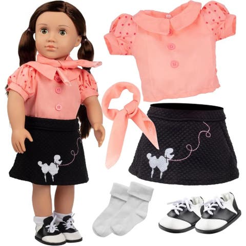 Poodle Skirt Doll Outfit for American 18" Girl Dolls (5 Piece Set)- 1950's Costume Clothes Include Scarf, Skirt, Shirt, Socks, Shoes