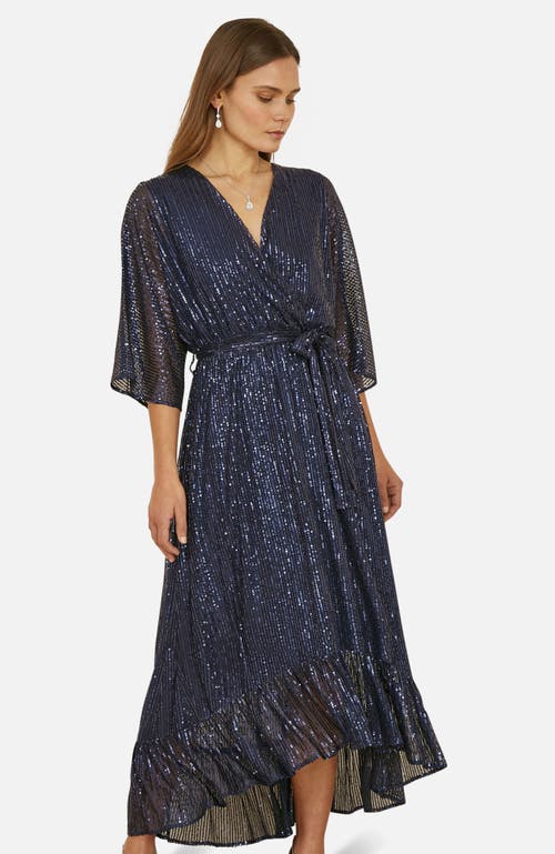Yumi Sequin Kimono Midi Wrap Dress In Blue