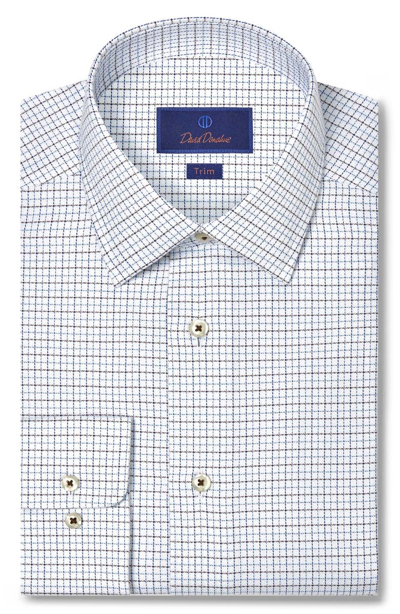 David Donahue Trim Fit Textured Herringbong Check Cotton Dress Shirt, Main, color, White/ Chocolate