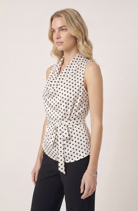 Sleeveless Polka Dot Drape Neck Waist Tie Blouse