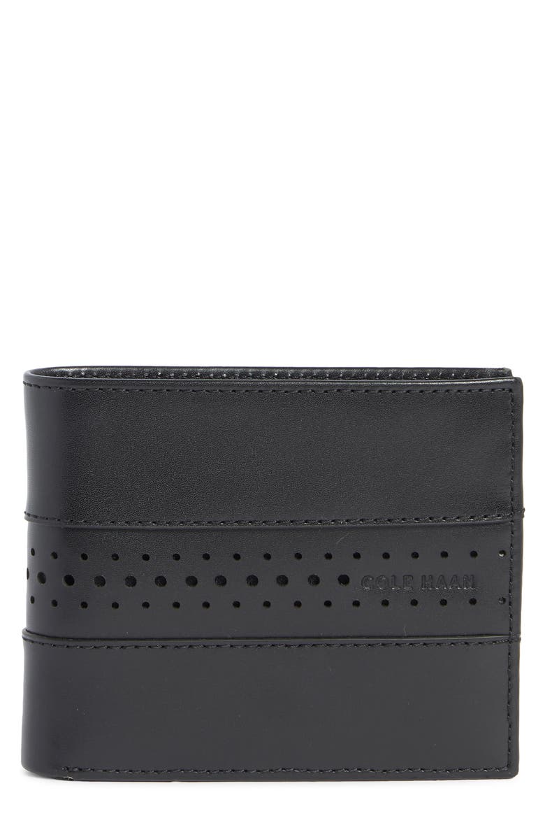 Naomi Brogue Leather Passcase Wallet, Main, color, BLACK