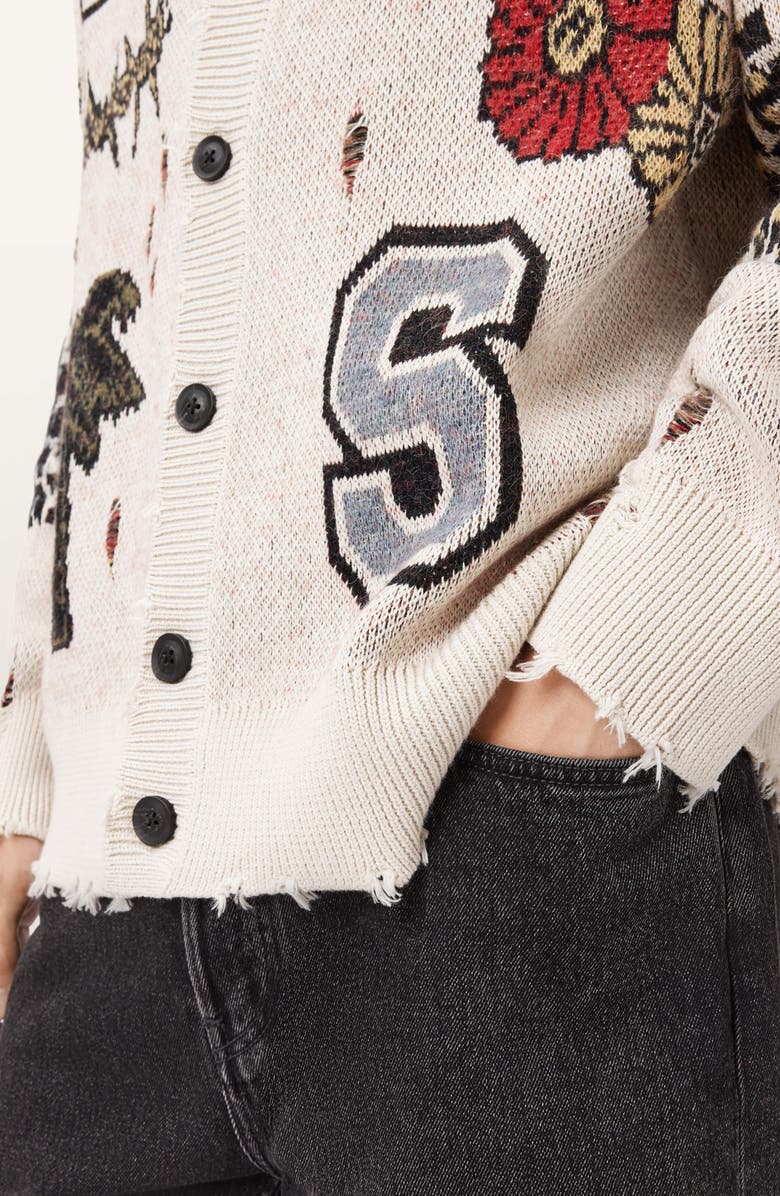 AllSaints Foxx Distressed Jacquard Graphic Cardigan, Alternate, color, Ecru White