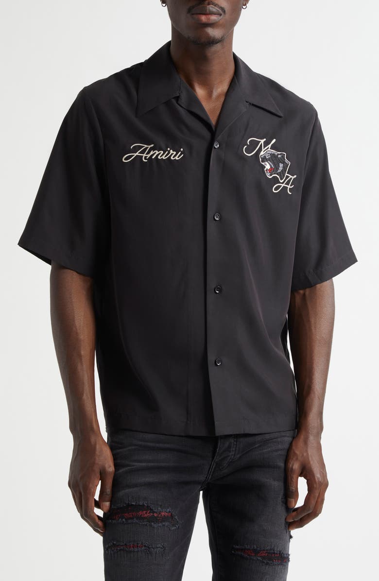 AMIRI Panther Patch Bowling Shirt, Main, color, Black
