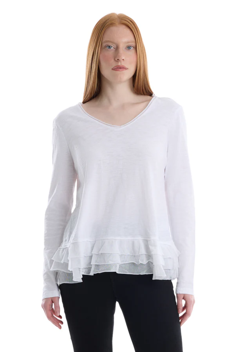 V-Neck Mixed Media Long Sleeve Tee With Ruffle Hem, Alternate, color, White