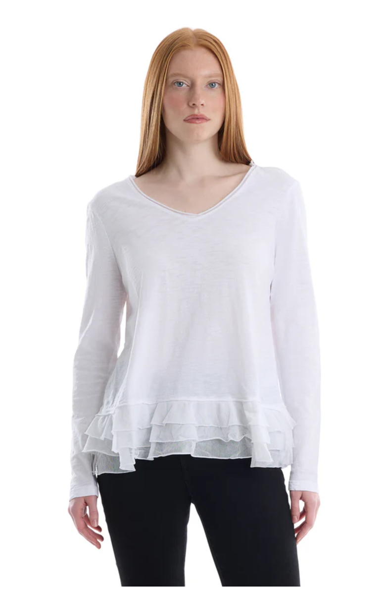 WILT Clothing V-Neck Mixed Media Long Sleeve Tee With Ruffle Hem, Alternate, color, White