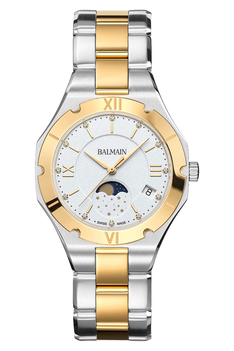 Be Balmain Diamond Moon Phase Bracelet Watch, 33mm, Main, color, STAINLESS STEEL/ YELLOW GOLD