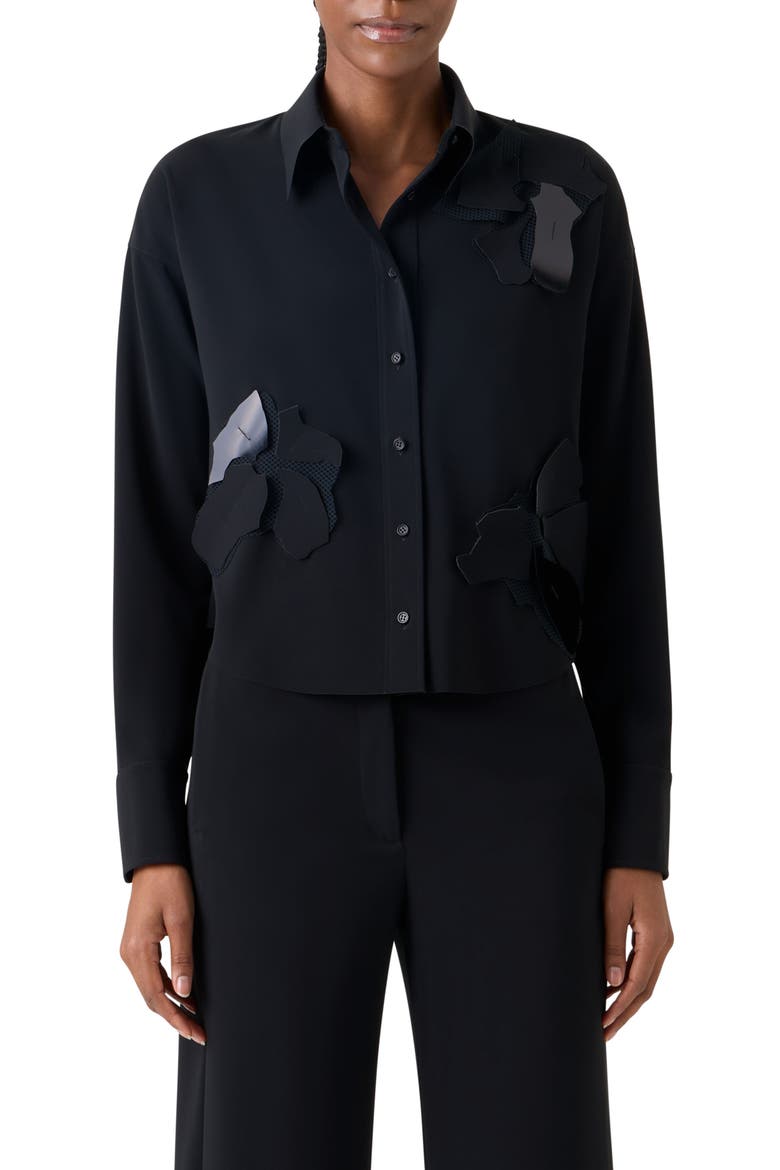 Papercut Flowers Laser Cut Crepe Shirt, Main, color, BLACK