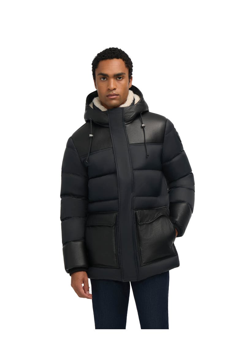 Wolf Mix Media Faux Shearling Parka Puffer with Fixed Hood, Main, color, Black