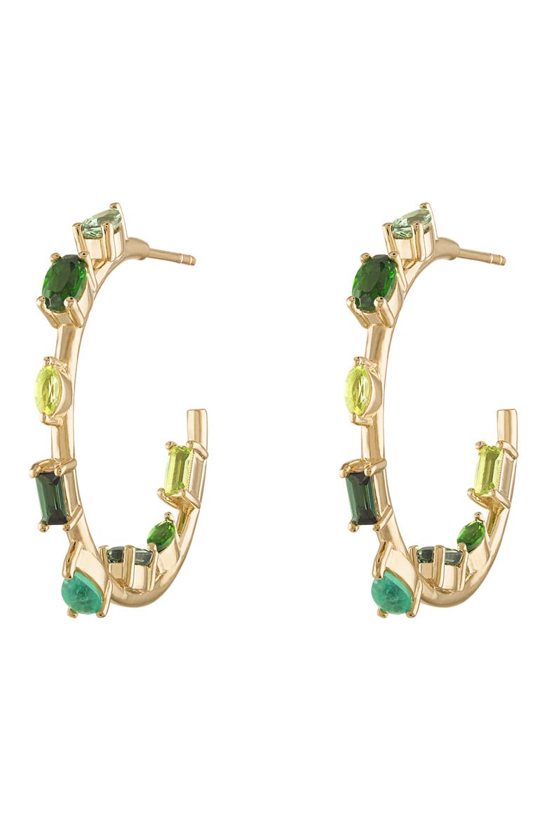 Mini Goddess Rainbow Sapphire Hoop Earrings, Main, color, GREEN YELLOW GOLD