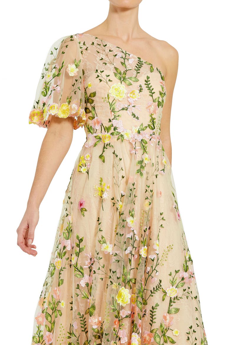 One Shoulder Floral Lace Embroidered Dress, Alternate, color, YELLOW MULTI