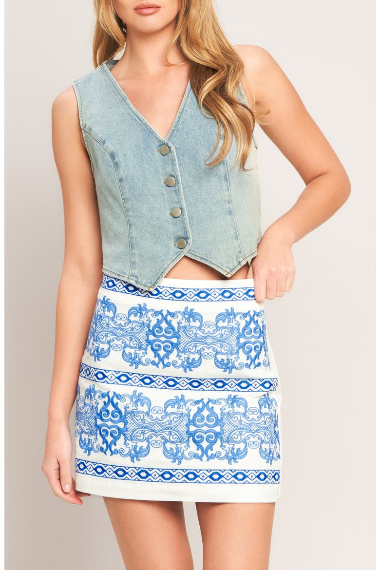 Embroidered Stretch Cotton Twill Miniskirt, Alternate, color, WHITE BLUE