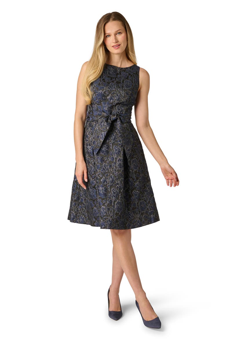 Floral Jacquard Sleeveless Tie Front Dress, Alternate, color, BLACK/ NAVY