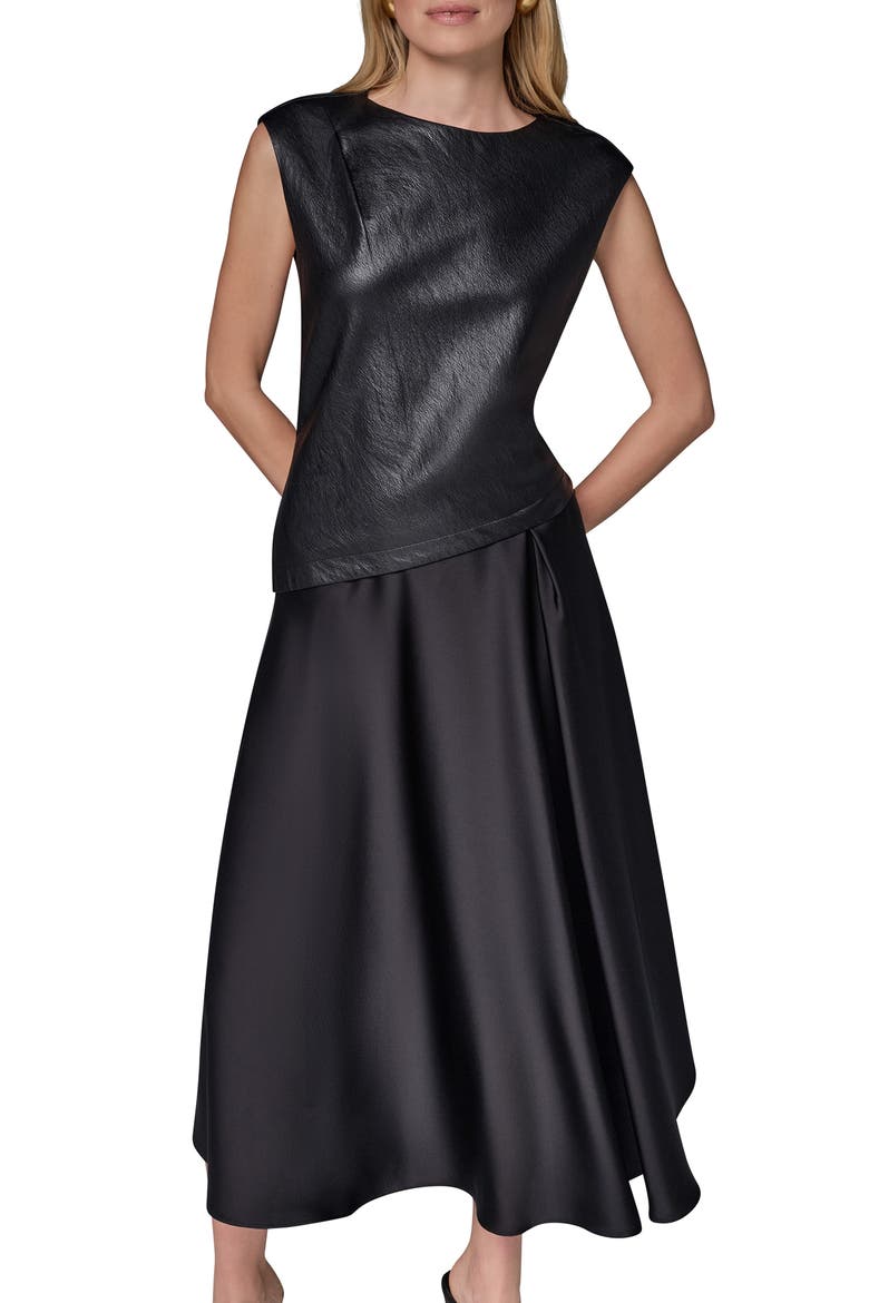 Faux Leather Mixed Media Midi Dress, Alternate, color, BLACK