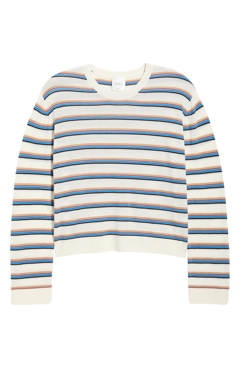 LESET James Stripe Merino Wool Crewneck Sweater, Main, color, Parch/Choco/Blue Stripe