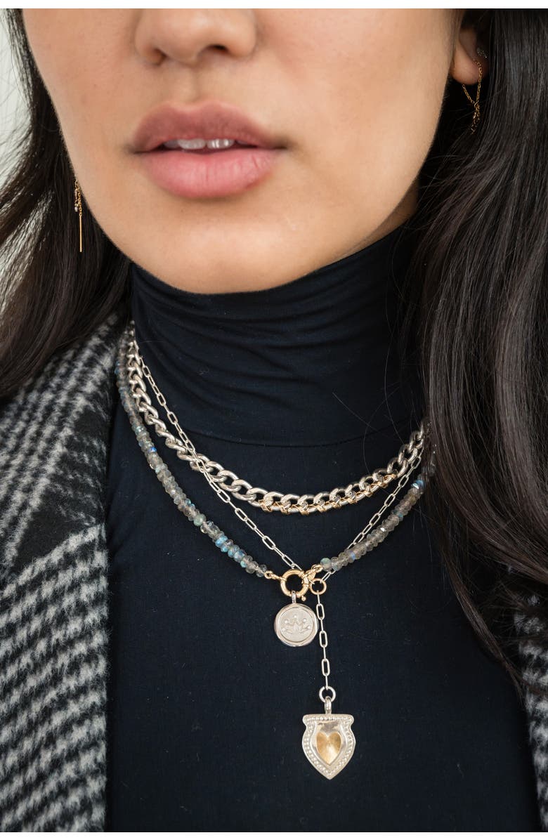 ELLIOT YOUNG TWO TONE 14K GOLD & STERLING SILVER HEART SHIELD Y NECKLACE, Alternate, color, Silver/Gold