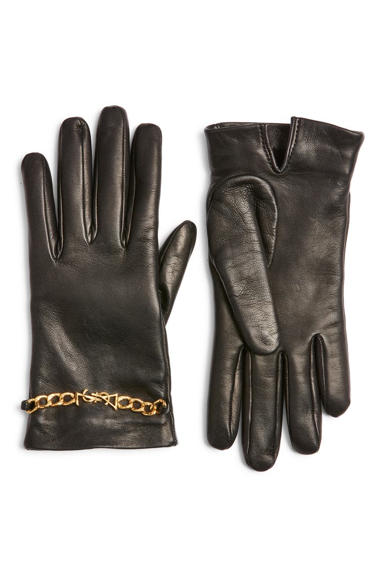 Chain Link Cashmere Lined Leather Gloves, Main, color, BLACK/ GOLD