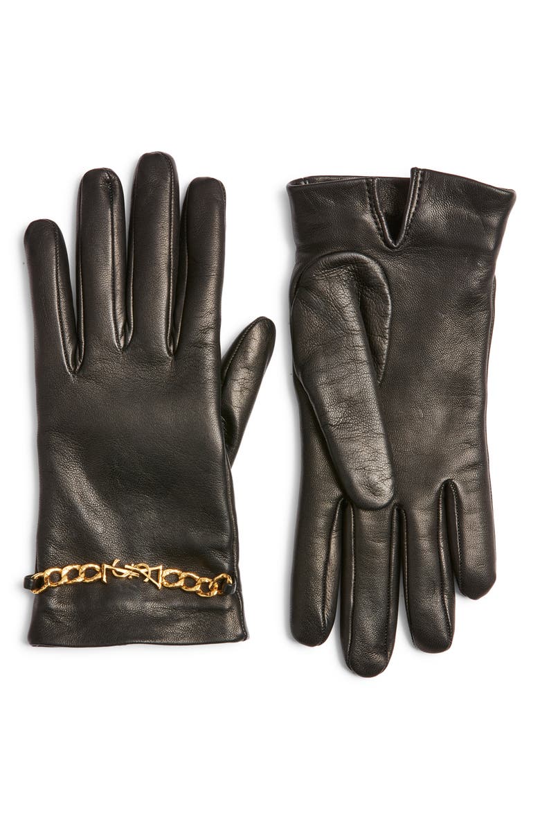 Saint Laurent Chain Link Cashmere Lined Leather Gloves, Main, color, Black/ Gold