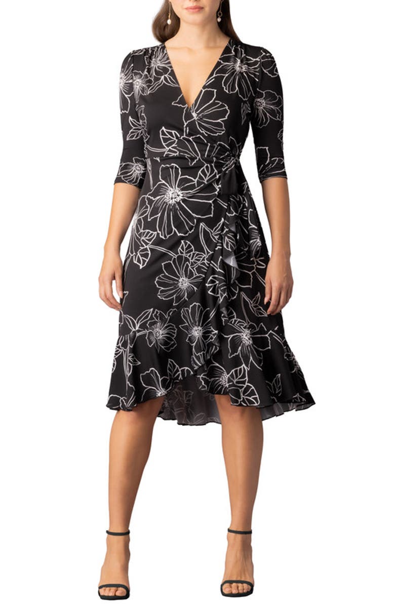 Kiyonna Flirty Flounce Midi Wrap Dress, Main, color, Black Florals