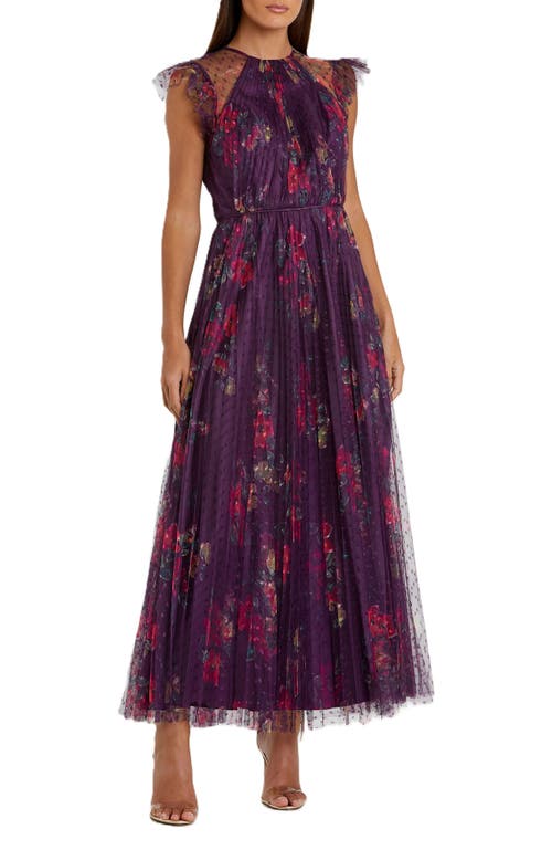 Mac Duggal Floral Ruffle Fit & Flare Tulle Evening Dress In Plum Multi