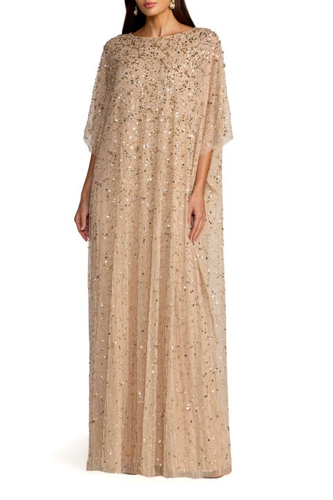 Beaded Mesh Kaftan Evening Gown with Round Neck