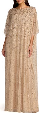 Mac Duggal Beaded Mesh Kaftan Evening Gown with Round Neck