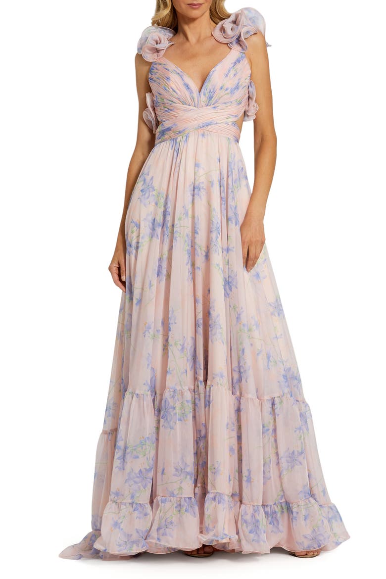 Women's Ruffle Tiered Floral Cut-Out Chiffon Gown, Main, color, Violet Multi