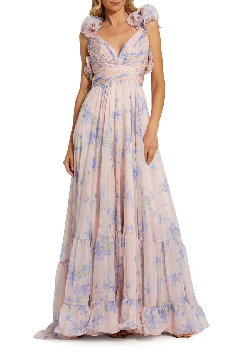 Mac Duggal Women's Ruffle Tiered Floral Cut-Out Chiffon Gown, Main, color, Violet Multi