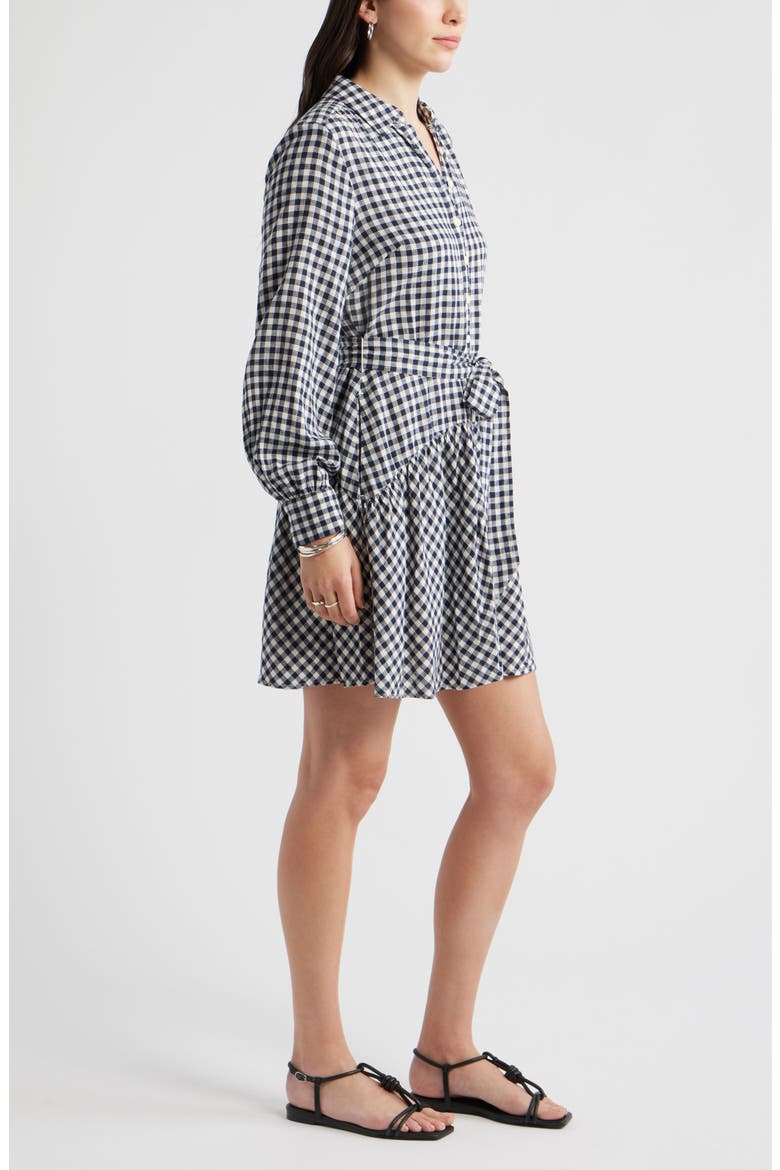 Long Sleeve Linen Blend Mini Shirtdress, Alternate, color, NAVY STILL- IVORY BEA GINGHAM