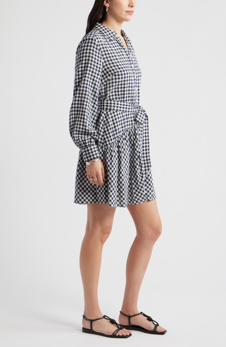 Caslon<sup>®</sup> Long Sleeve Linen Blend Mini Shirtdress, Alternate, color, Navy Still- Ivory Bea Gingham