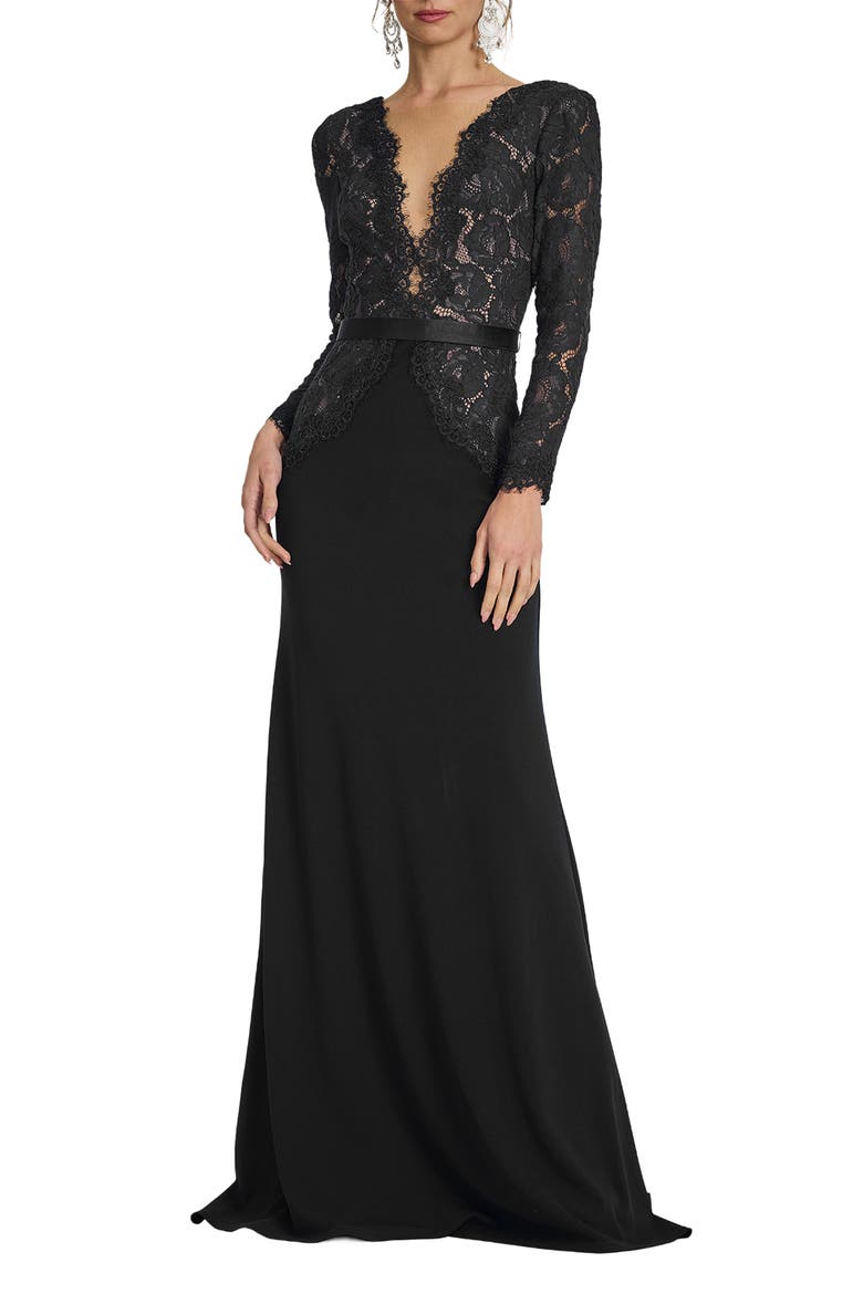 Lace Long Sleeve Cotton Blend Gown, Main, color, BLACK/ NUDE