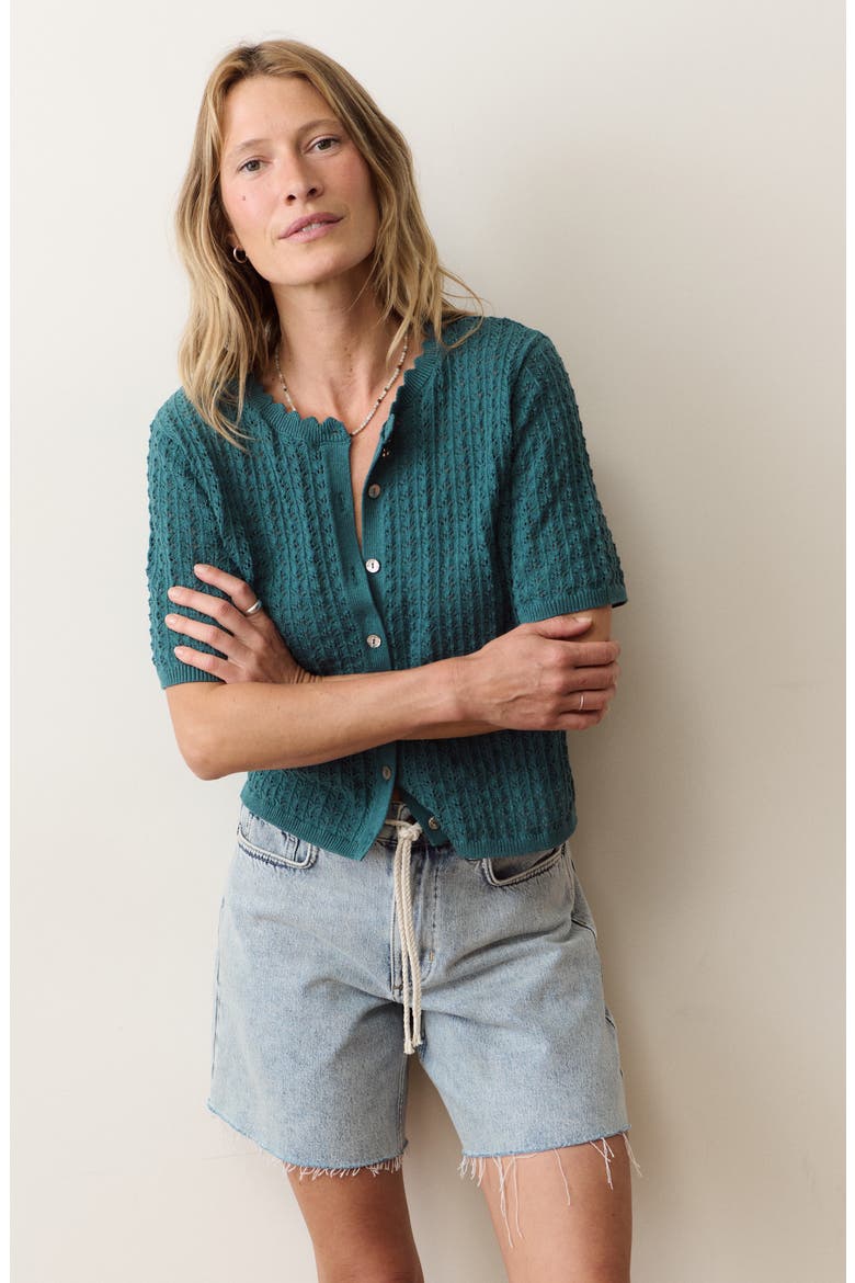 Lucia Pointelle Stitch Short Sleeve Cotton Blend Cardigan, Alternate, color, MEDITERRANEA