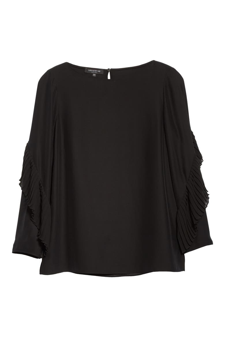 Alessia Pleated Detail Silk Blouse, Alternate, color, BLACK
