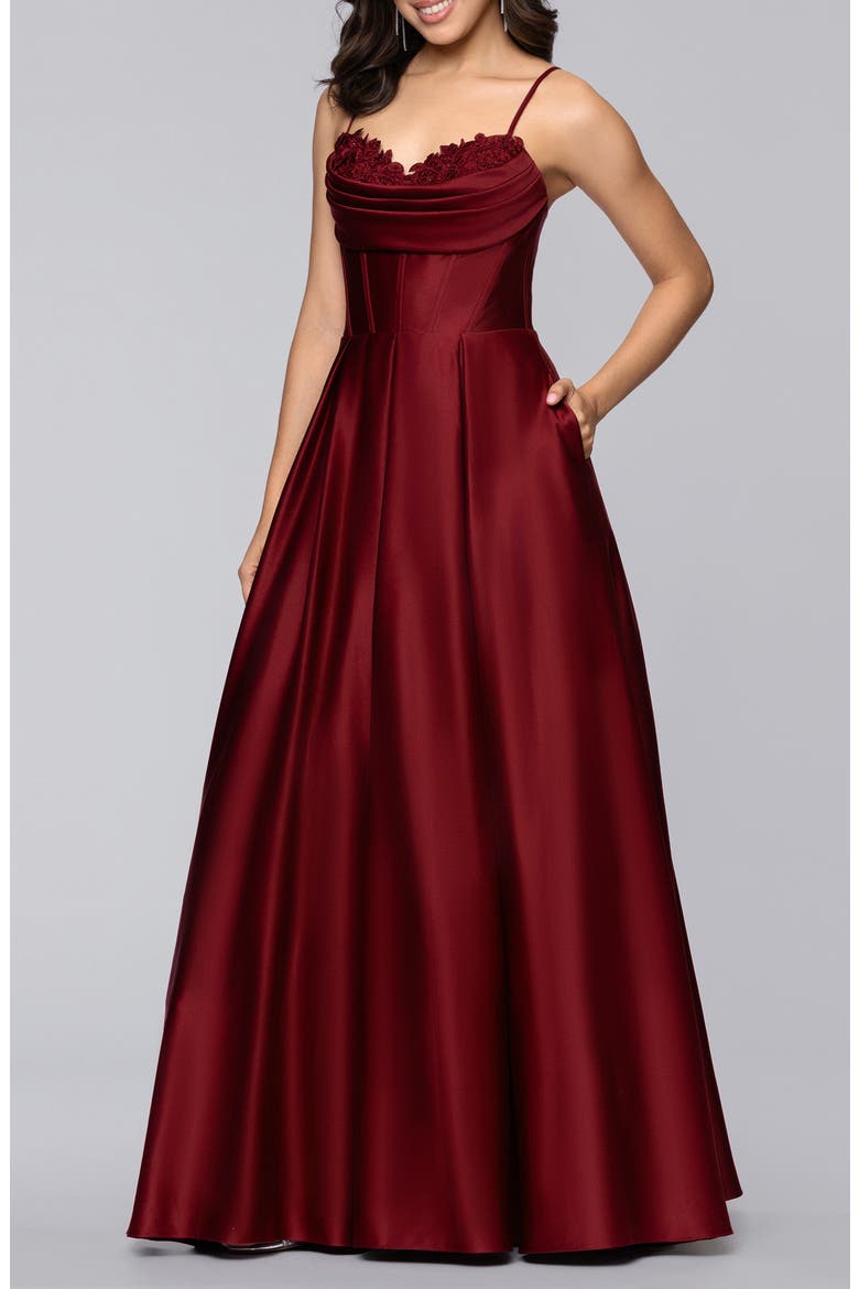 Beaded Embroidery Detail Satin Gown, Alternate, color, WINE