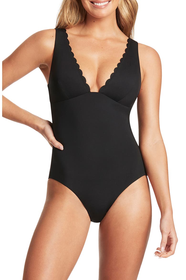 Scalloped Plunge One-Piece Swimsuit, Main, color, BLACK